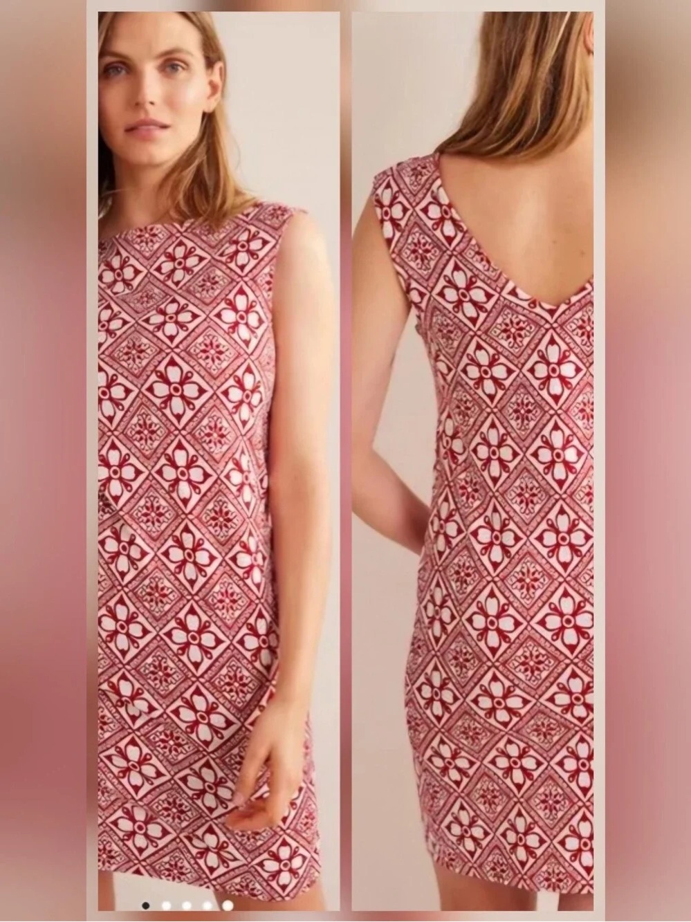 Boden Red and White Floral Tile Back V Dress